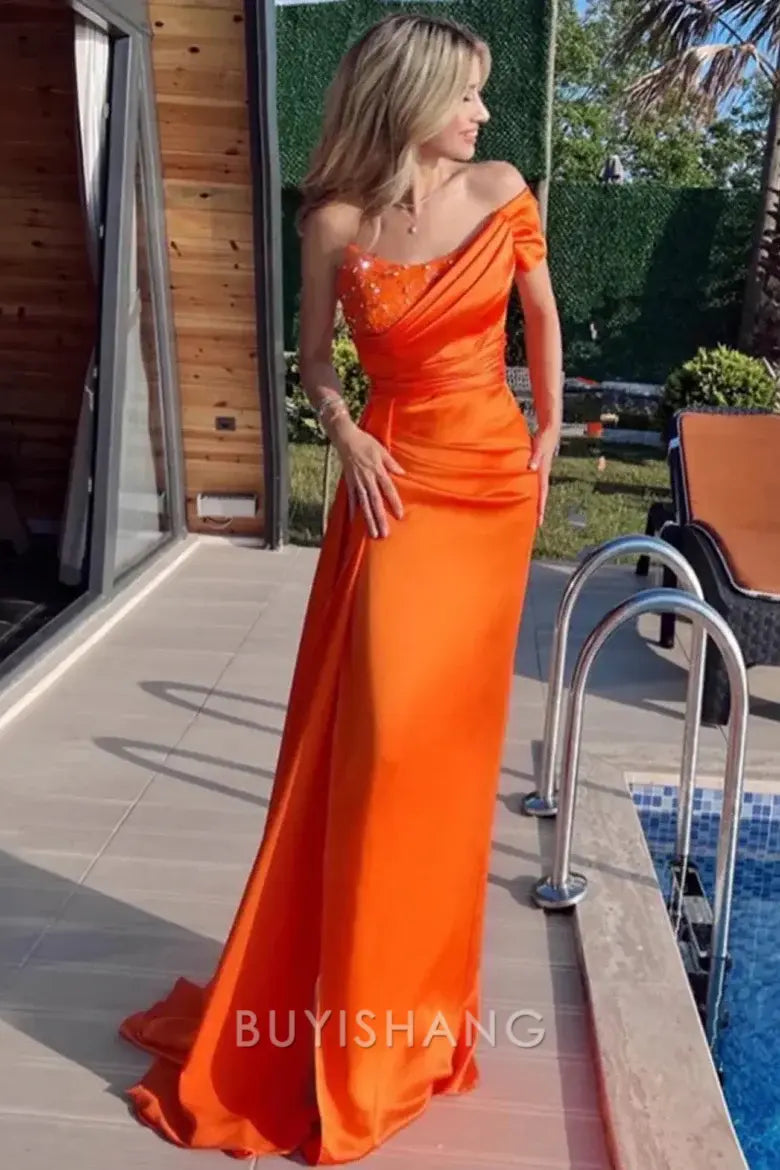 Elegant Off - Shoulder Embellished Satin Maxi Dress with Train prom dress